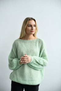 HANDMADE GREEN FLORAL MOHAIR SWEATER WITH PUFFY SLEAVES