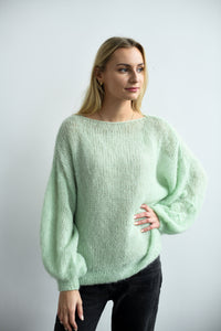 HANDMADE GREEN FLORAL MOHAIR SWEATER WITH PUFFY SLEAVES