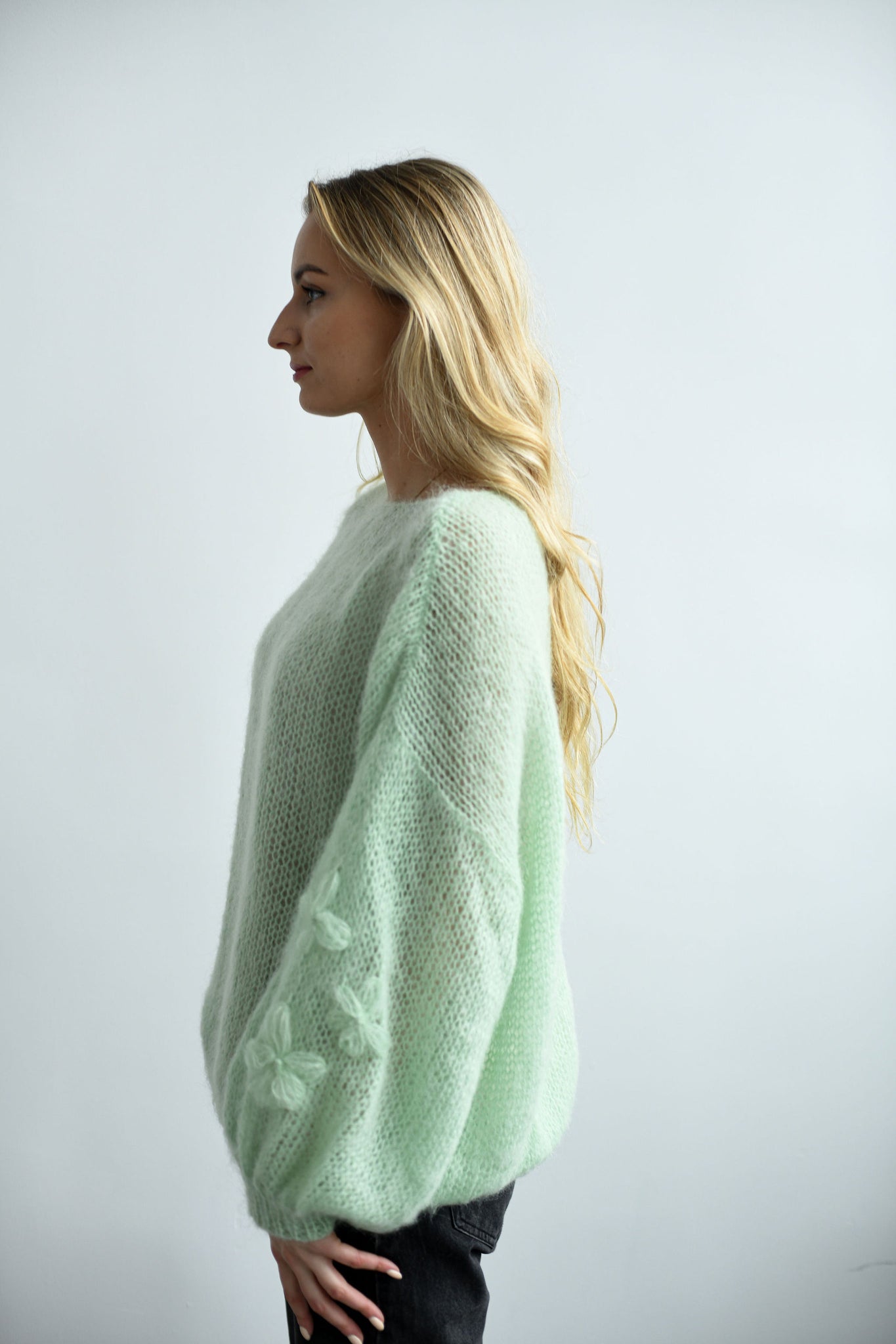 HANDMADE GREEN FLORAL MOHAIR SWEATER WITH PUFFY SLEAVES