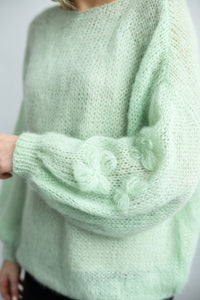 HANDMADE GREEN FLORAL MOHAIR SWEATER WITH PUFFY SLEAVES