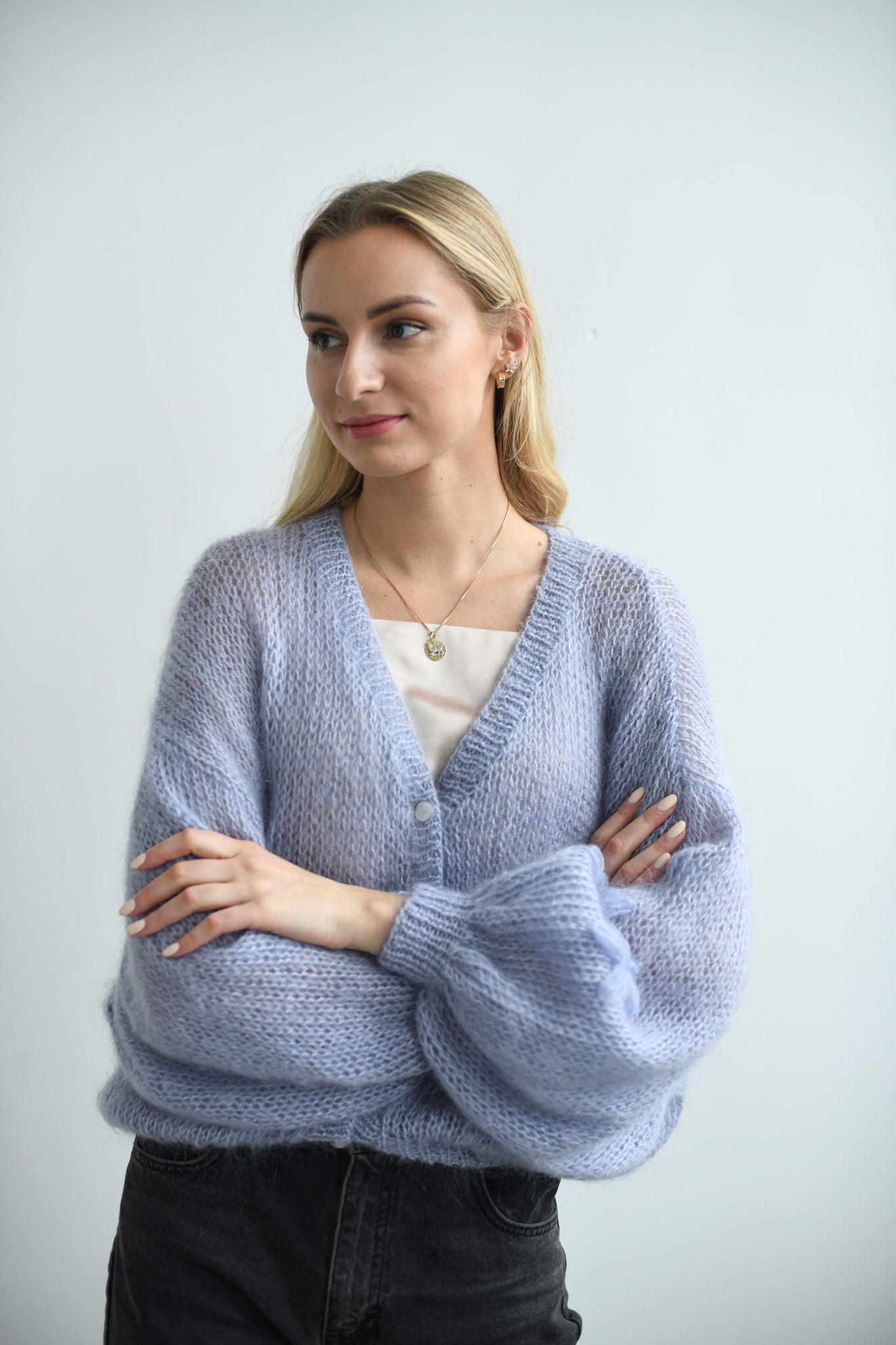 HANDMADE LIGHT BLUE CROPPED BUTTON UP CARDIGAN SWEATER