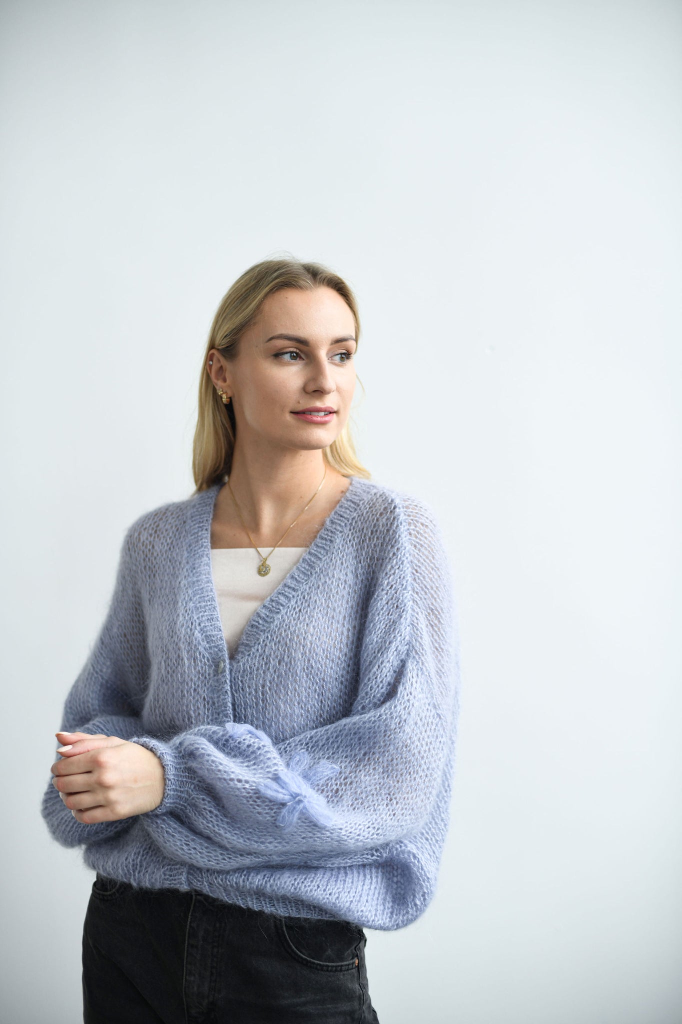 HANDMADE LIGHT BLUE CROPPED BUTTON UP CARDIGAN SWEATER