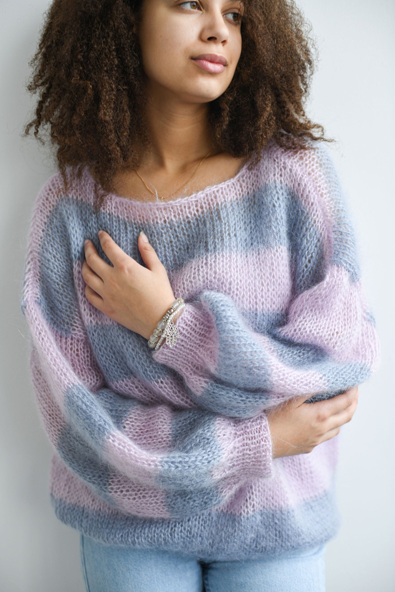 HAND KNITTED WOMEN'S PUFFY SLEAVE MOHAIR SWEATER