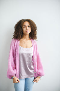 HAND KNITTED PINK CROPPED BUTTON UP CARDIGAN SWEATER