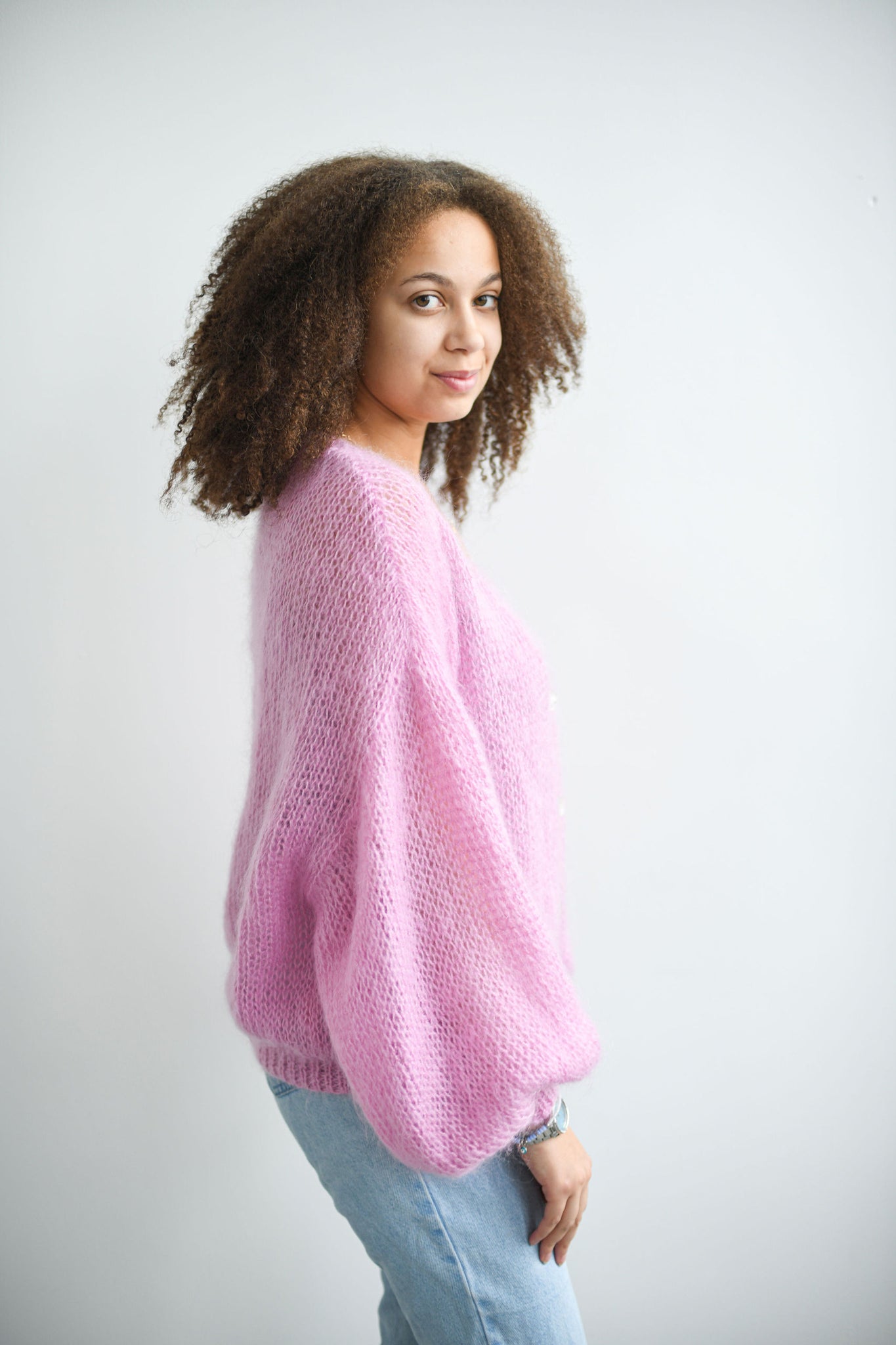 HAND KNITTED PINK CROPPED BUTTON UP CARDIGAN SWEATER