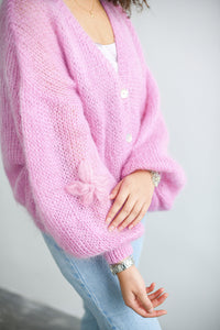 HAND KNITTED PINK CROPPED BUTTON UP CARDIGAN SWEATER