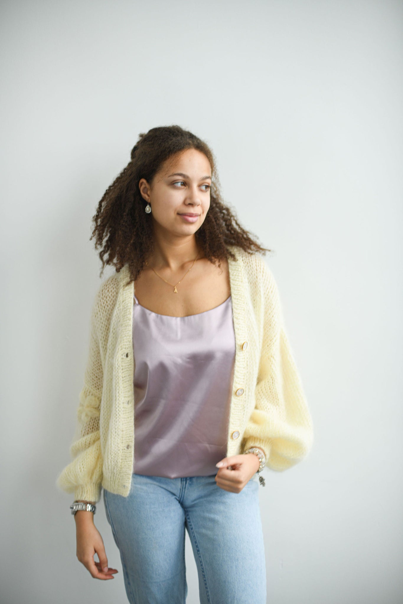 HAND KNITTED YELLOWISH OFF-WHITE MOHAIR CARDIGAN SWEATER