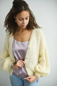 HAND KNITTED YELLOWISH OFF-WHITE MOHAIR CARDIGAN SWEATER